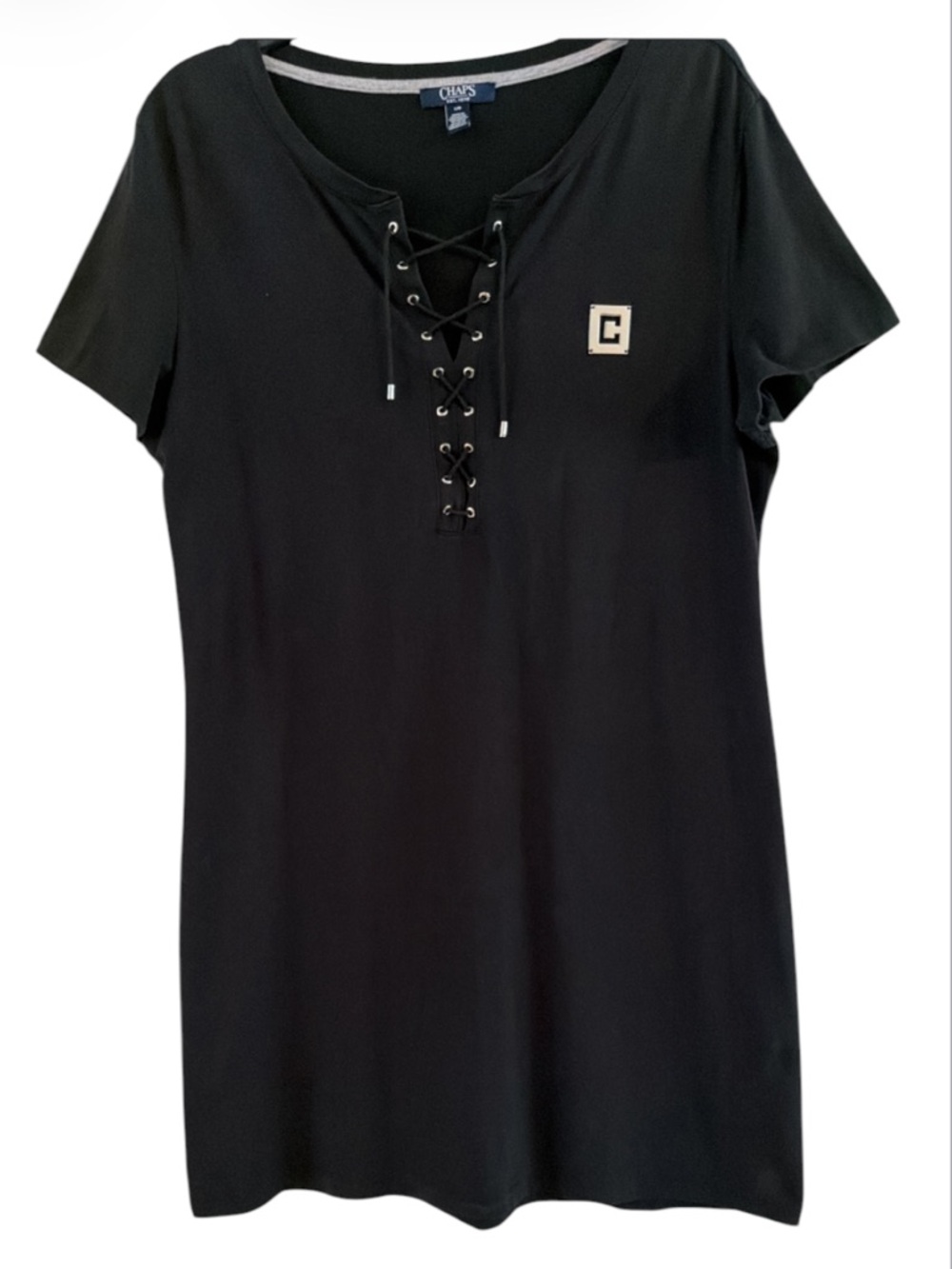 Chaps Luxury Knit Casual Athleisure Black T Shirt Dress Lace Up Neck Size Size L